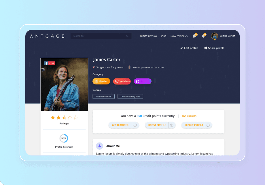 Antgage: Marketplace connecting Artists with Event Planners